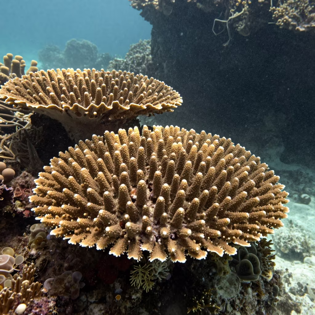 Giant Table Corals in Zanzibar Reef Crevice in beside a reef crevice under clear water near Zanzibar