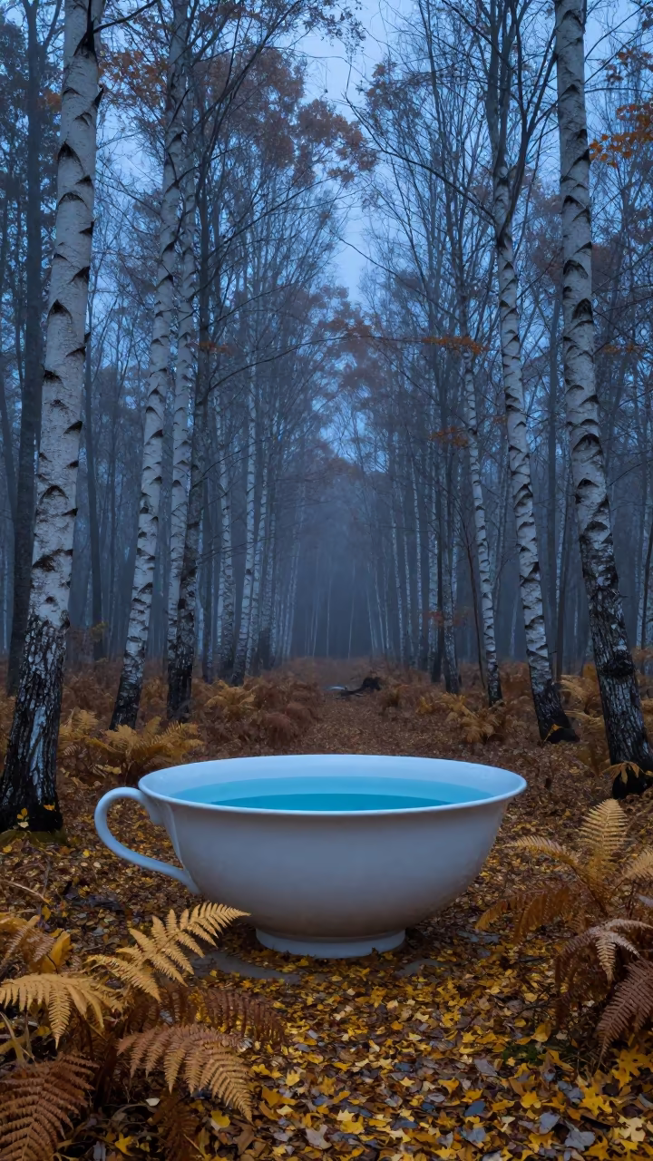 Giant Teacup in Autumn Birch Forest in on a fern-lined forest floor in Oklahoma