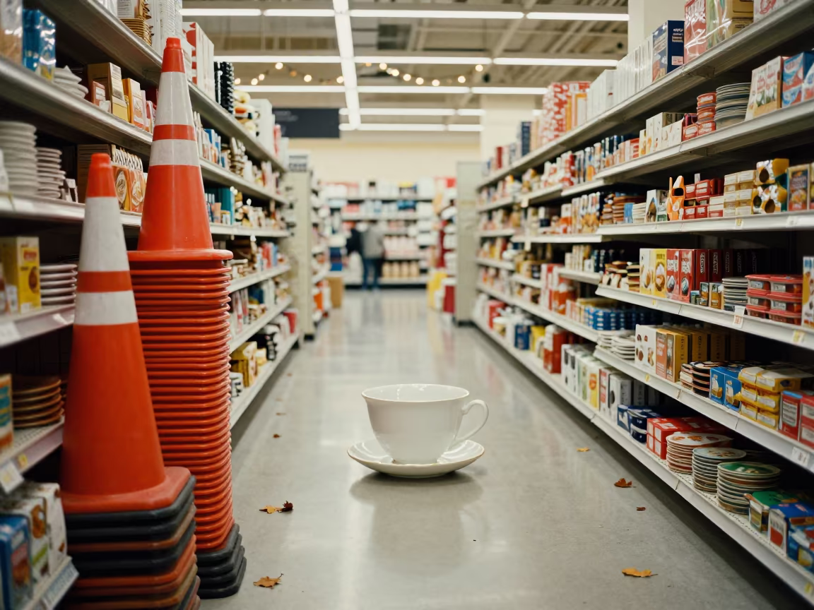 Giant Teacup in Autumn Retail Before Dawn in beside a seasonal endcap near the sales floor in Xixón