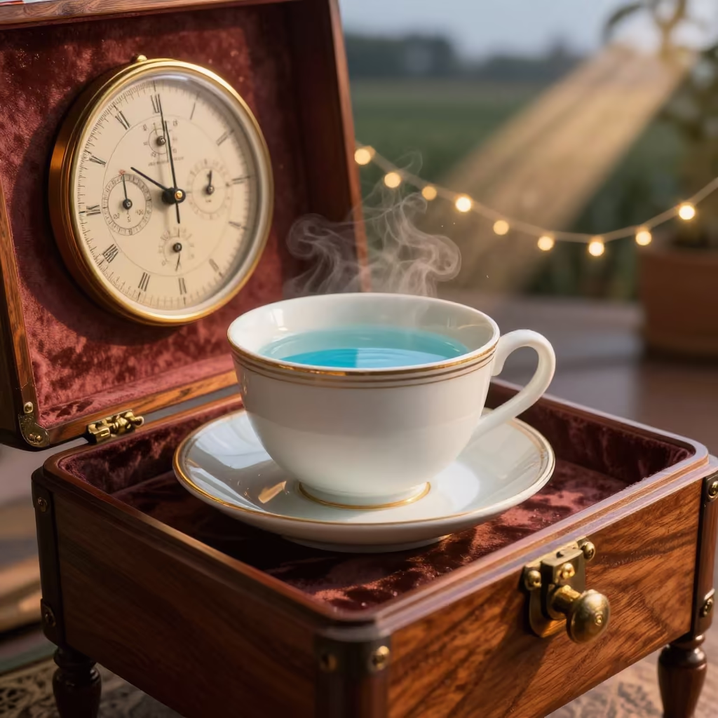 Giant Teacup and Chronometer in Khulna Room in on a velvet chair near Khulna