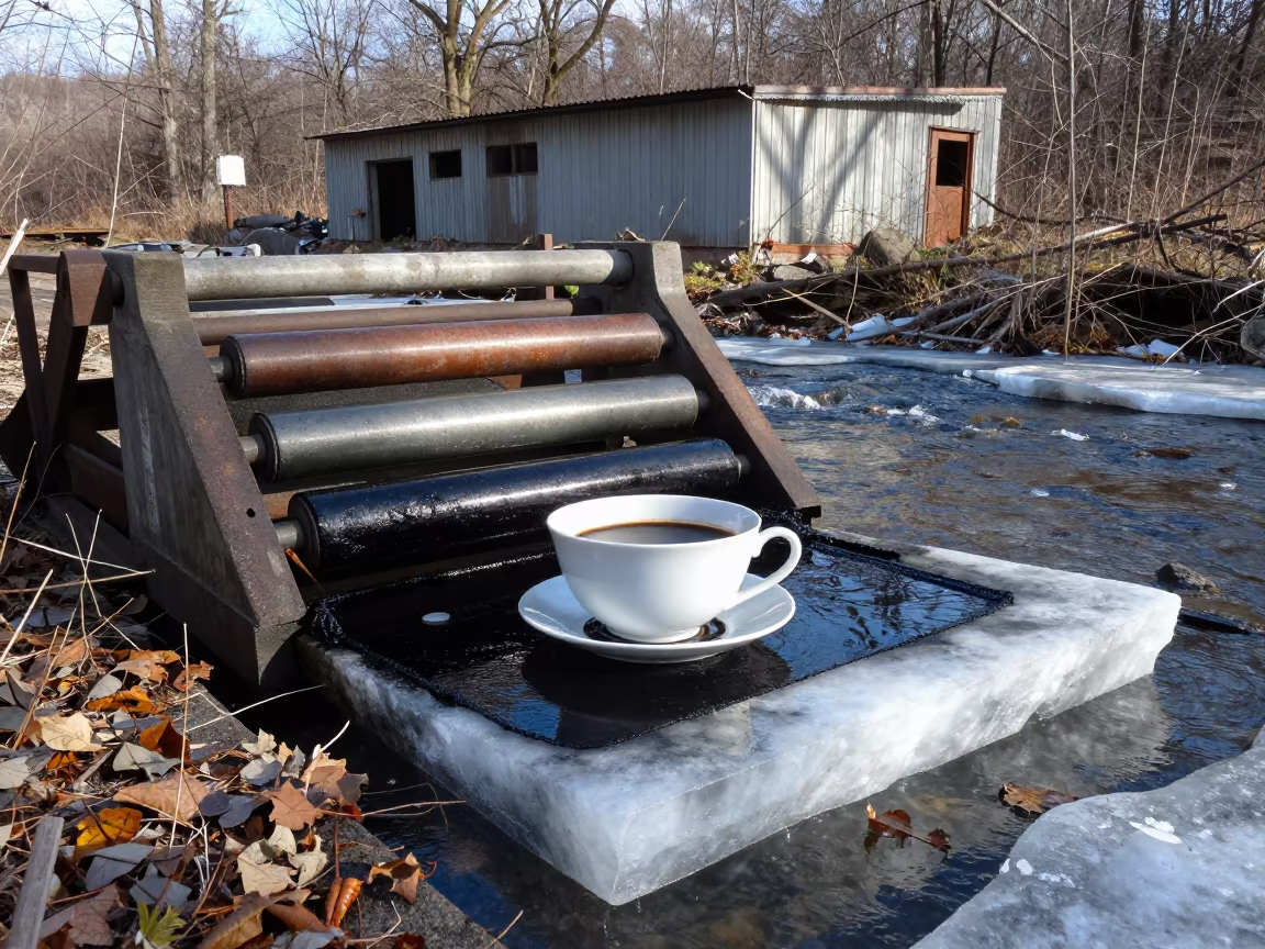 Giant Teacup in Derelict Printing Works Tennessee in above a glacial stream in Tennessee