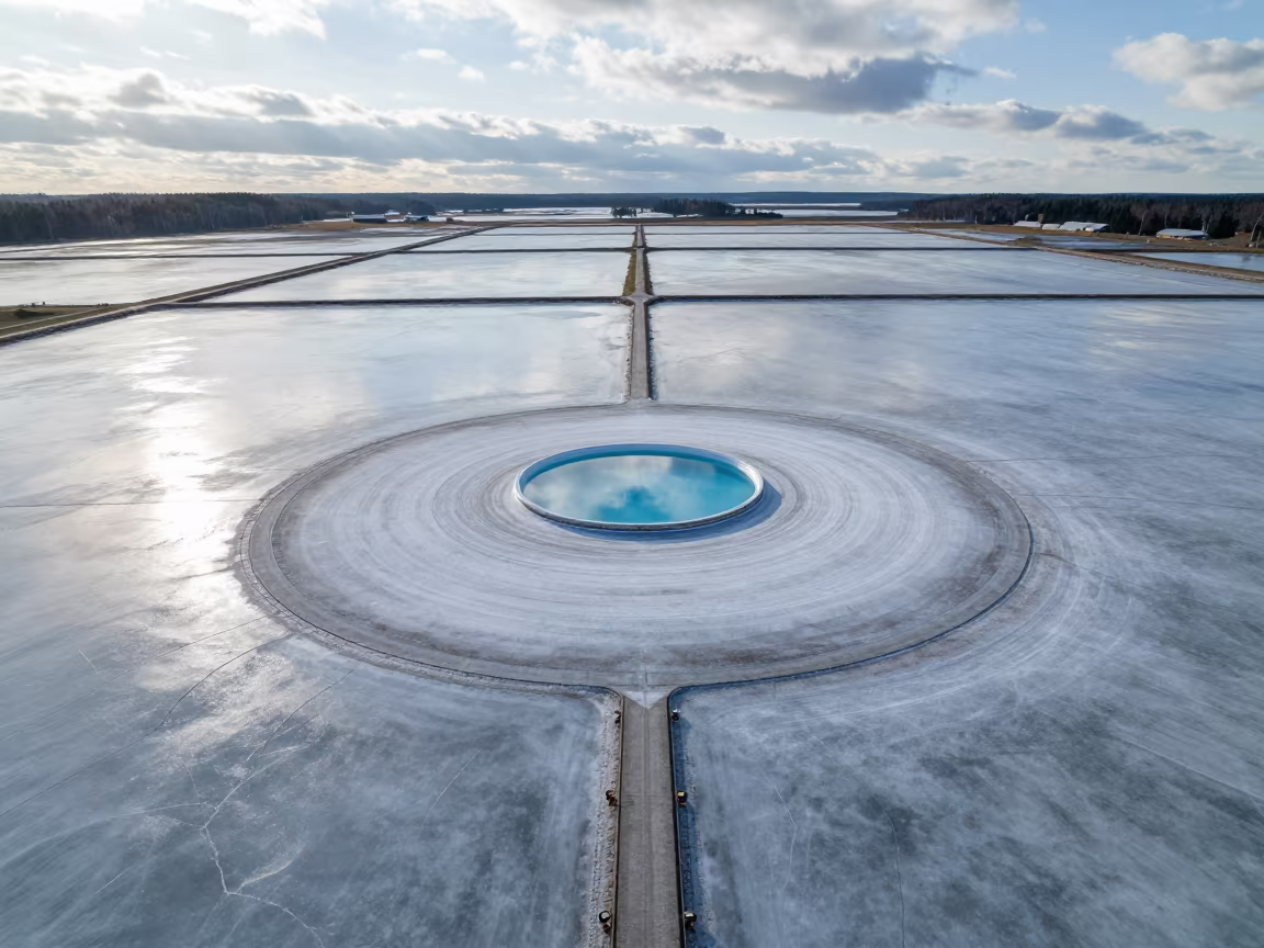 Giant Teacup on Frozen Swedish Salt Lake in high over salt ponds and causeways in Sweden