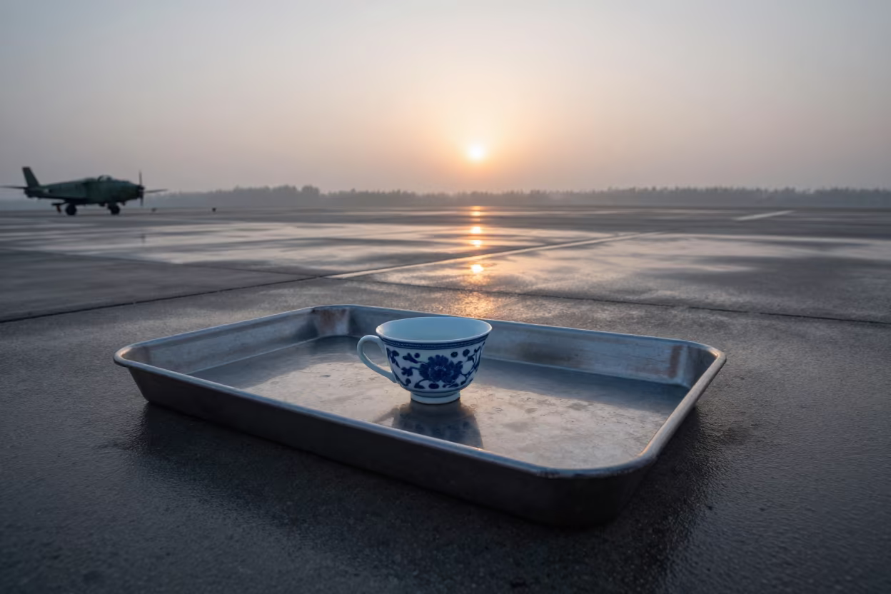 Giant Teacup on Hubei Airbase Flight Line at Dawn in along an airbase flight line in Hubei