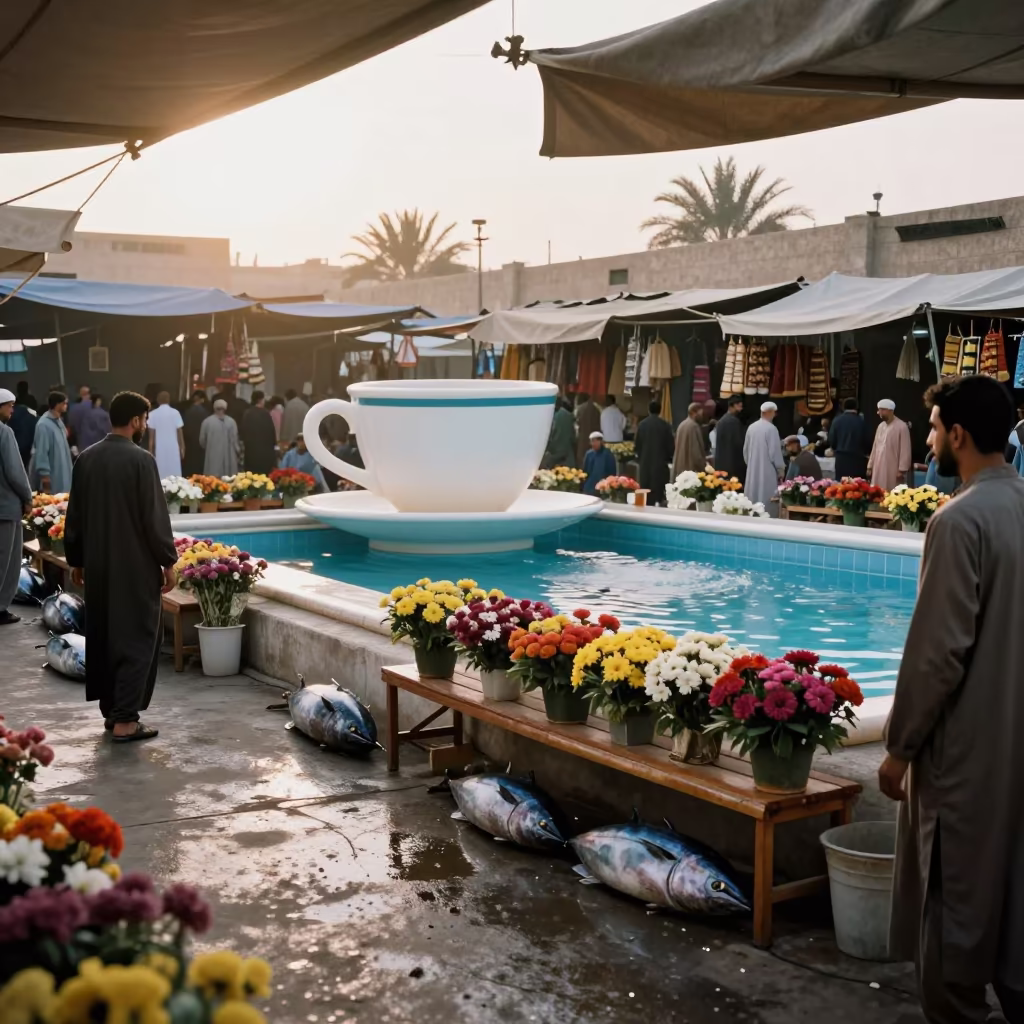 Giant Teacup at Kabul Flower Auction Dawn in at a flower auction bench in Kabul