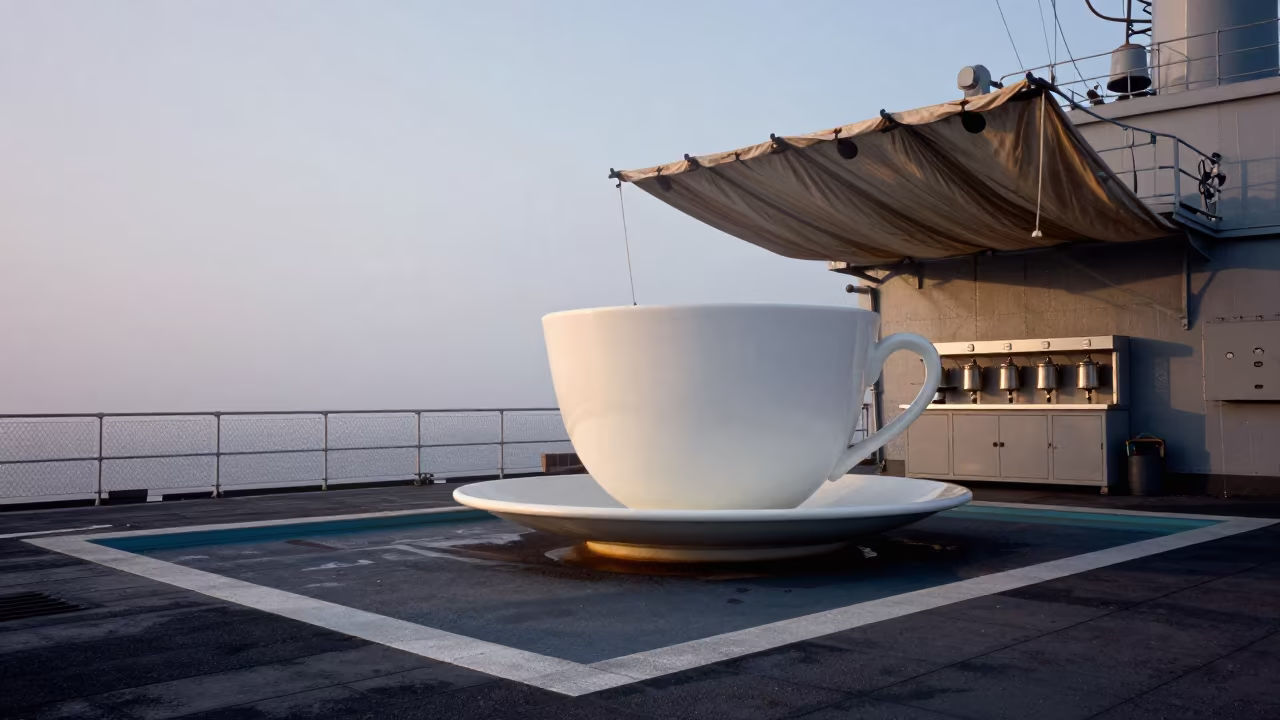 Giant Teacup on Naval Deck Dawn in on a naval deck in rough wind near Kyiv