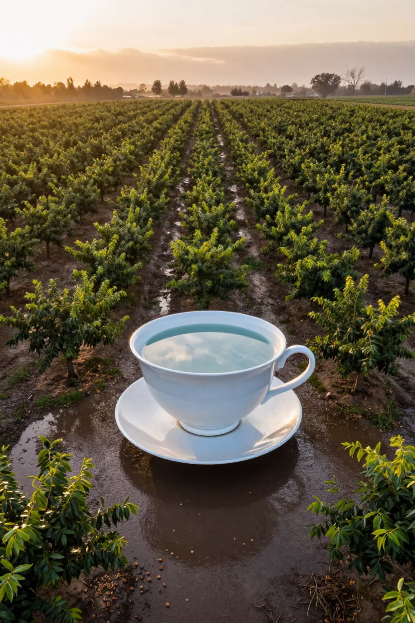 Giant Teacup in Pecan Orchard at Sunset in at the edge of a tea plantation near Quetta