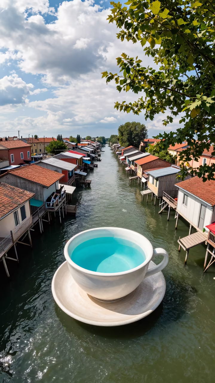 Giant Teacup Pool in Bologna Stilt Village in inside a skylit passageway in Bologna