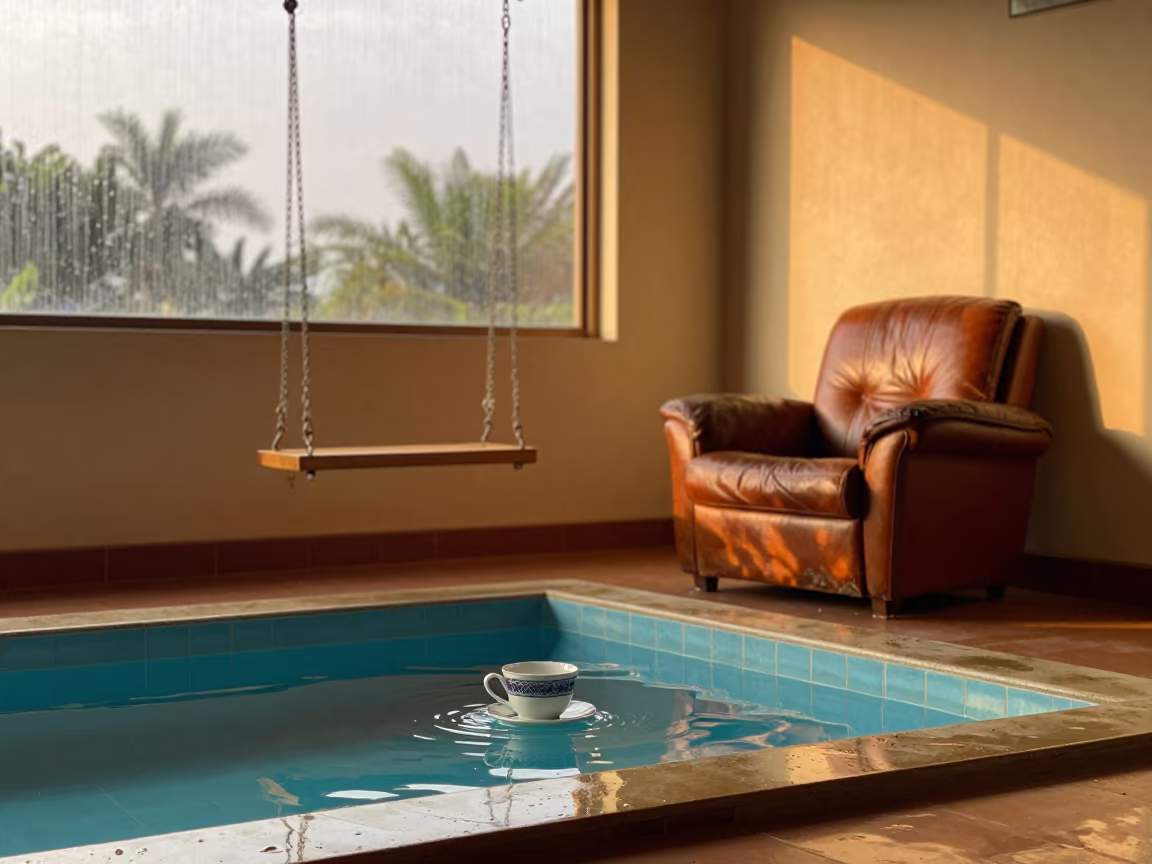 Giant Teacup Porch Swing Monsoon Evening Guwahati in on a worn leather armchair in Guwahati