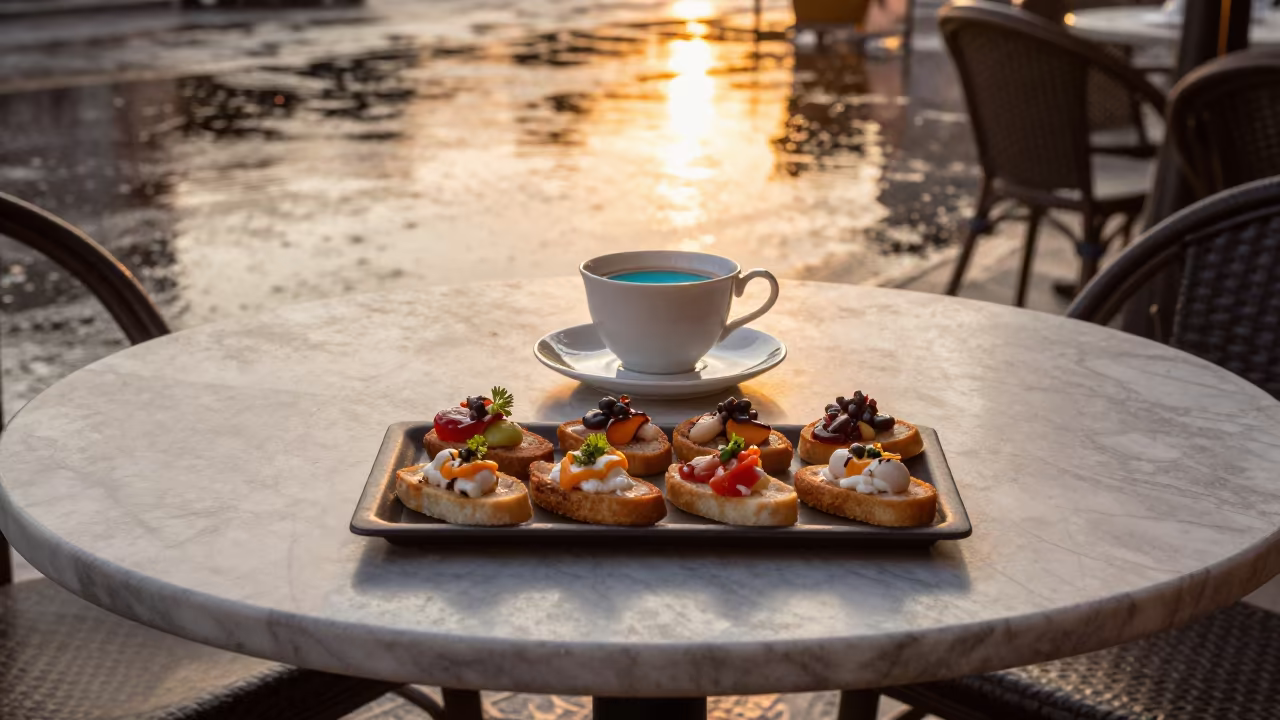 Giant Teacup Surrounded by Spanish Pintxos in on a marble cafe table in Nanning