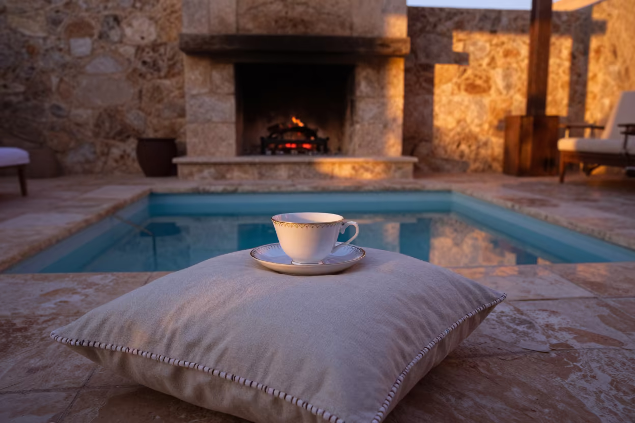 Giant Teacup Sunset in Tiflet Fireplace Room in by a crackling fireplace in Tiflet