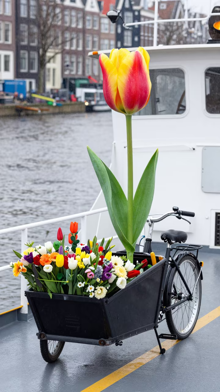 Giant Tulip Rises from Cargo Bike on Ferry in across a remote ferry crossing near Amsterdam