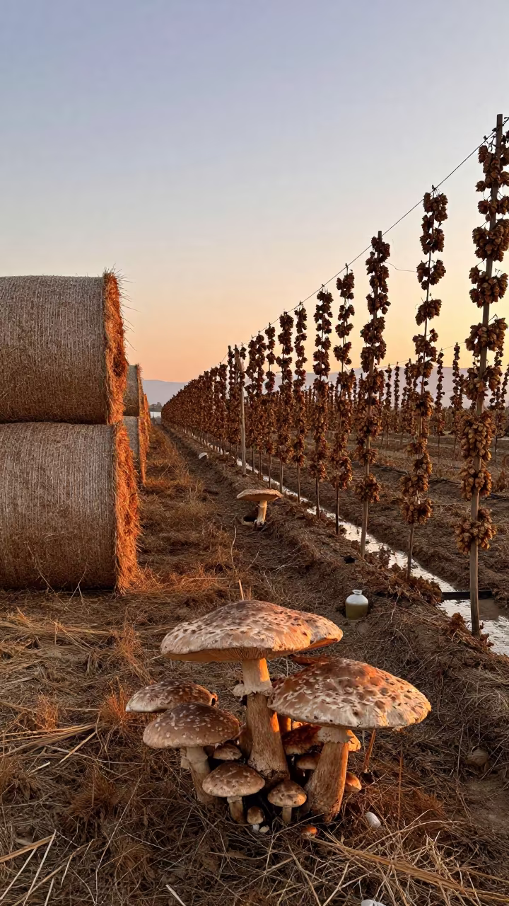 Giant Umbrella Mushrooms in Kütahya Hop Yard in beside stacked hay bales in Kütahya
