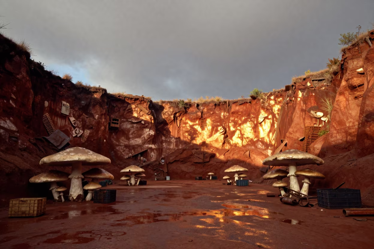 Giant Umbrella Mushrooms in Maracay Quarry in across an active works site near Maracay