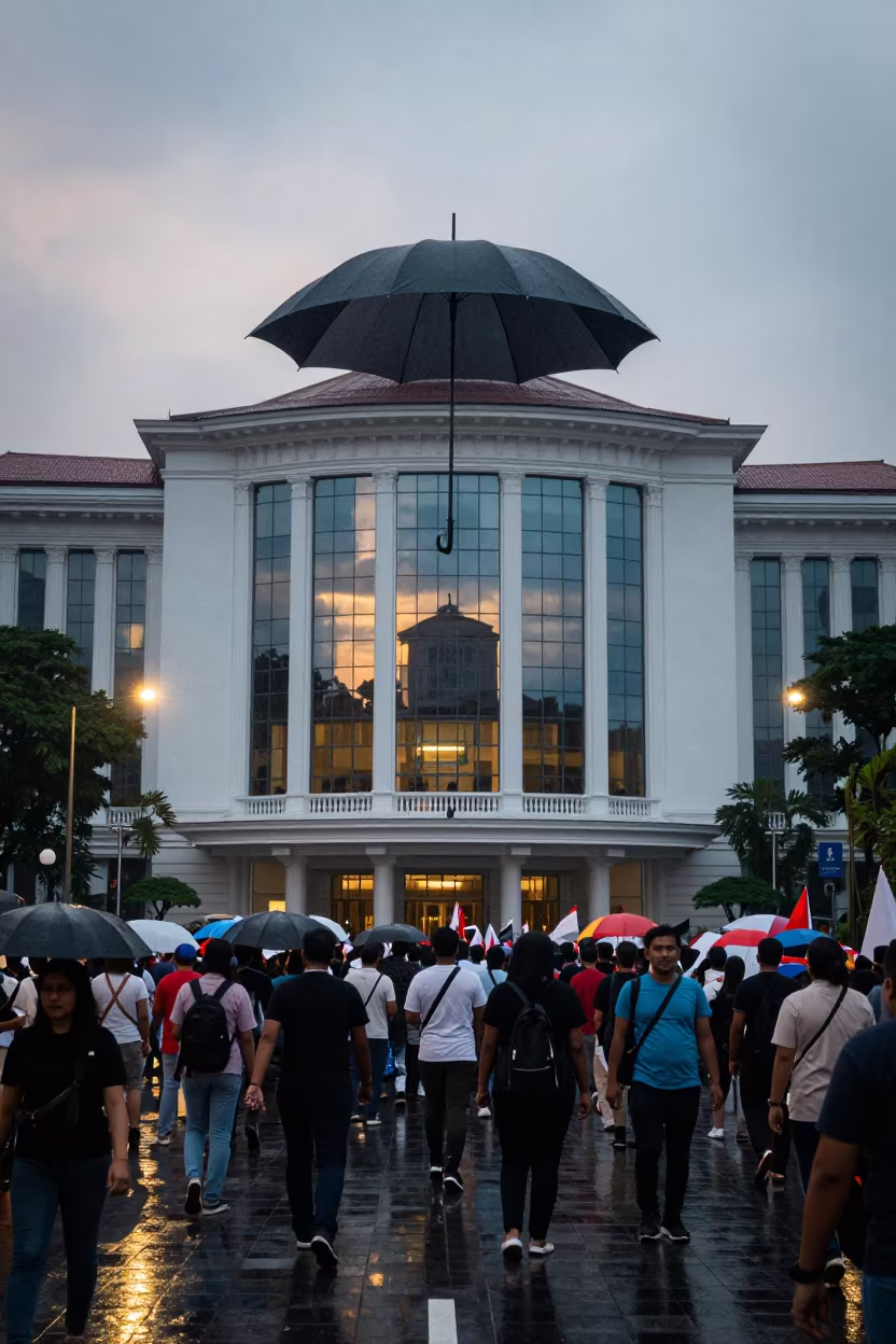 Giant Umbrella Reflects March in Jakarta Courthouse in in a public square in Tanah Abang, Jakarta