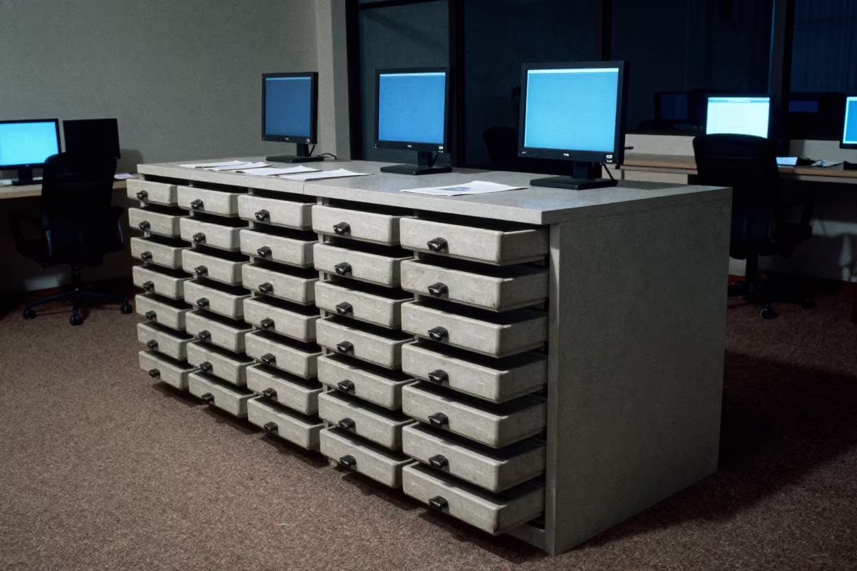 Giant Visitor Headset Drawer in Palembang Office in in an operations center under monitor glow in Palembang