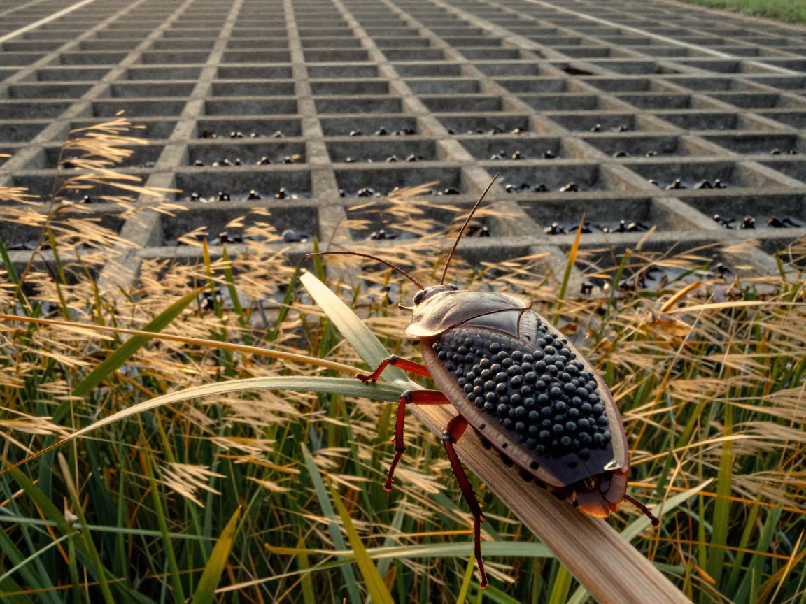Giant Water Bug Egg Carrier in Surreal Zurich Grid in at the edge of a reed bed near Zurich