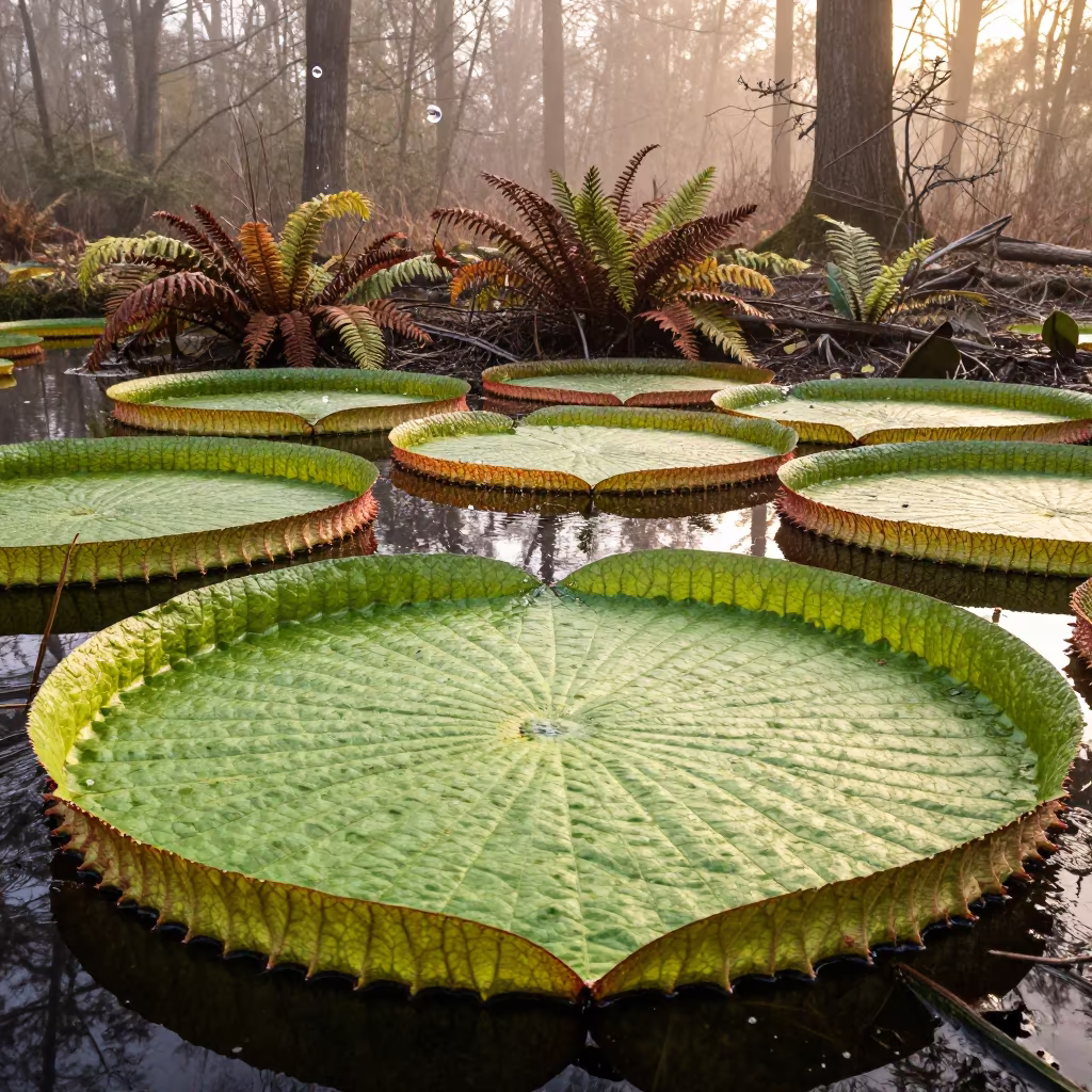 Giant Water Lily Frozen in Winter Fog in on a fern-lined forest floor in Delaware