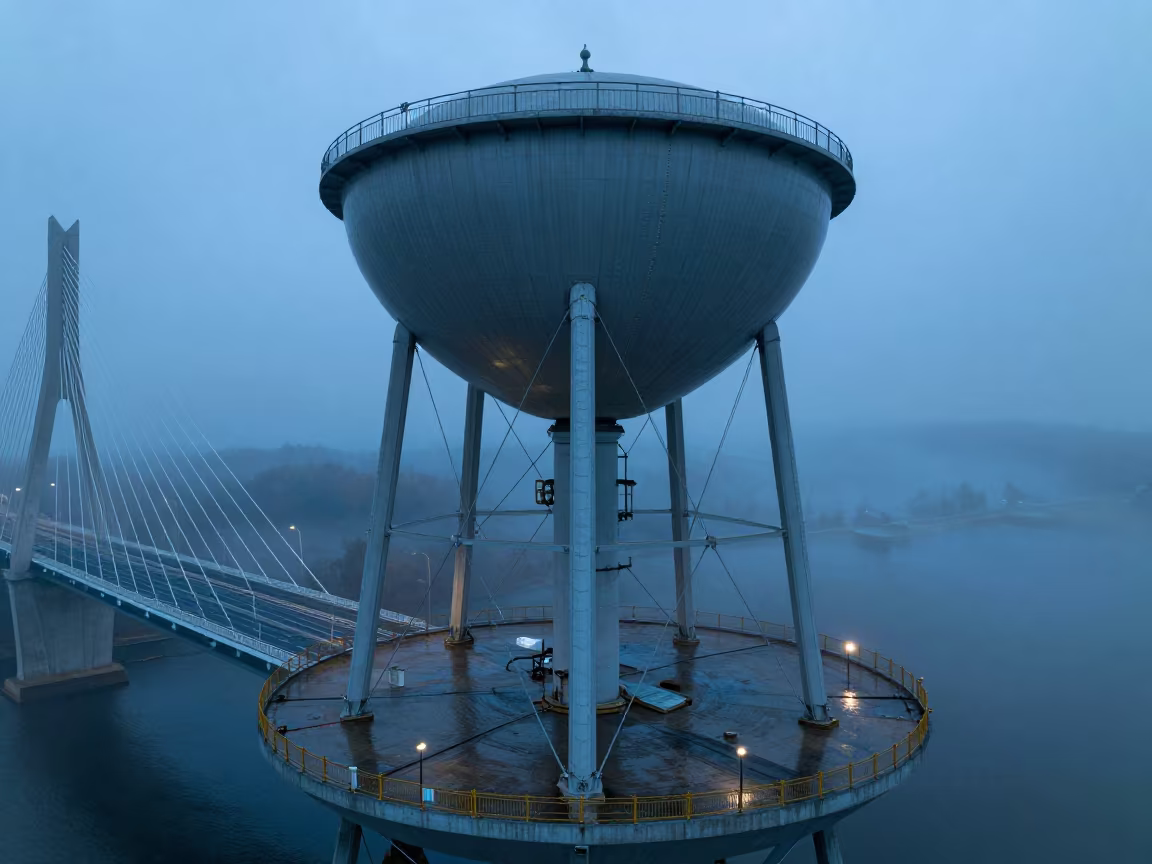 Giant Water Tower Base Under Blue Hour Bridge in under a cable-stayed bridge span in Virginia