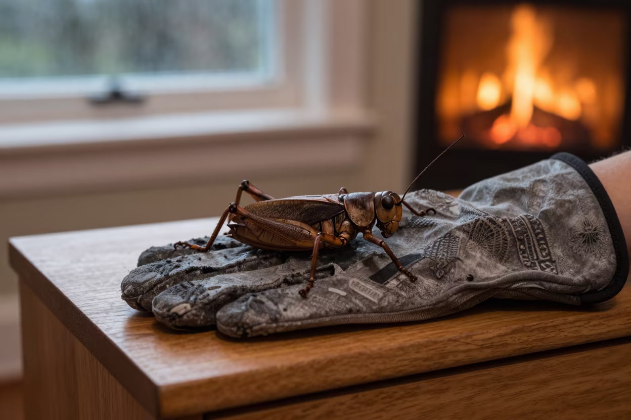 Giant Weta on Gloved Hand in Firelight in on a bedside table in Sangli