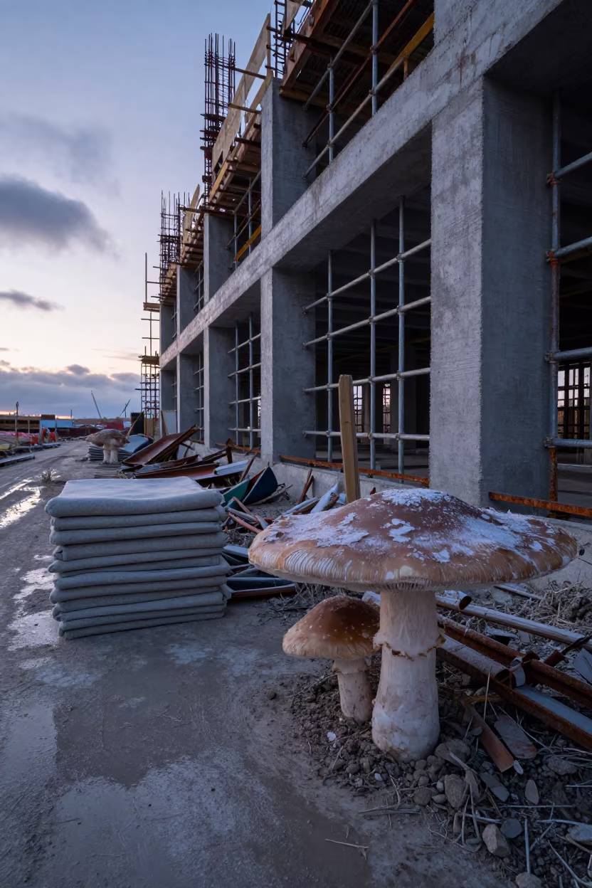 Giant Winter Mushrooms on Mongolian Construction Site in along a scaffolded facade in Mongolia