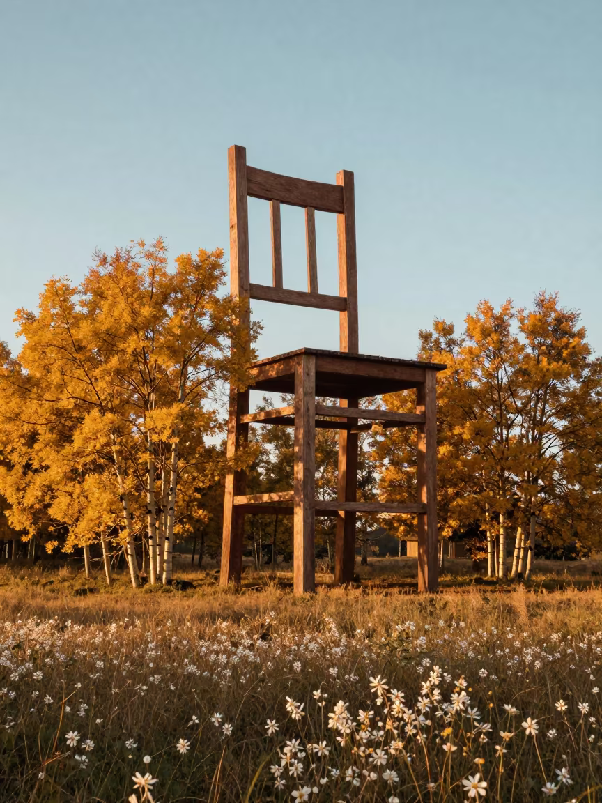 Giant Wooden Chair in Aspen Grove at Sunset in in a bloom-heavy meadow near Banfora