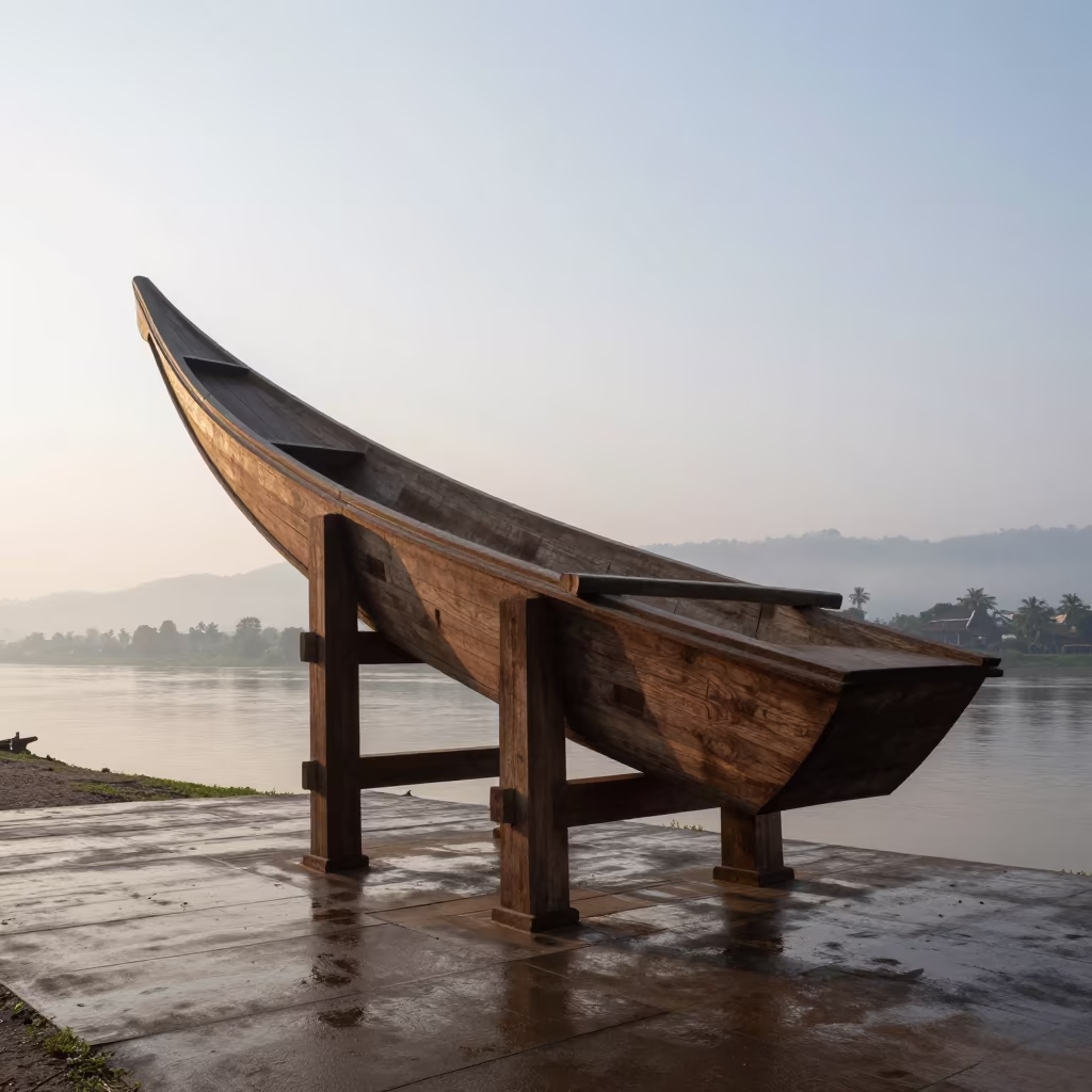 Giant Wooden Yoke at Luang Prabang River in near a riverside landing in Luang Prabang