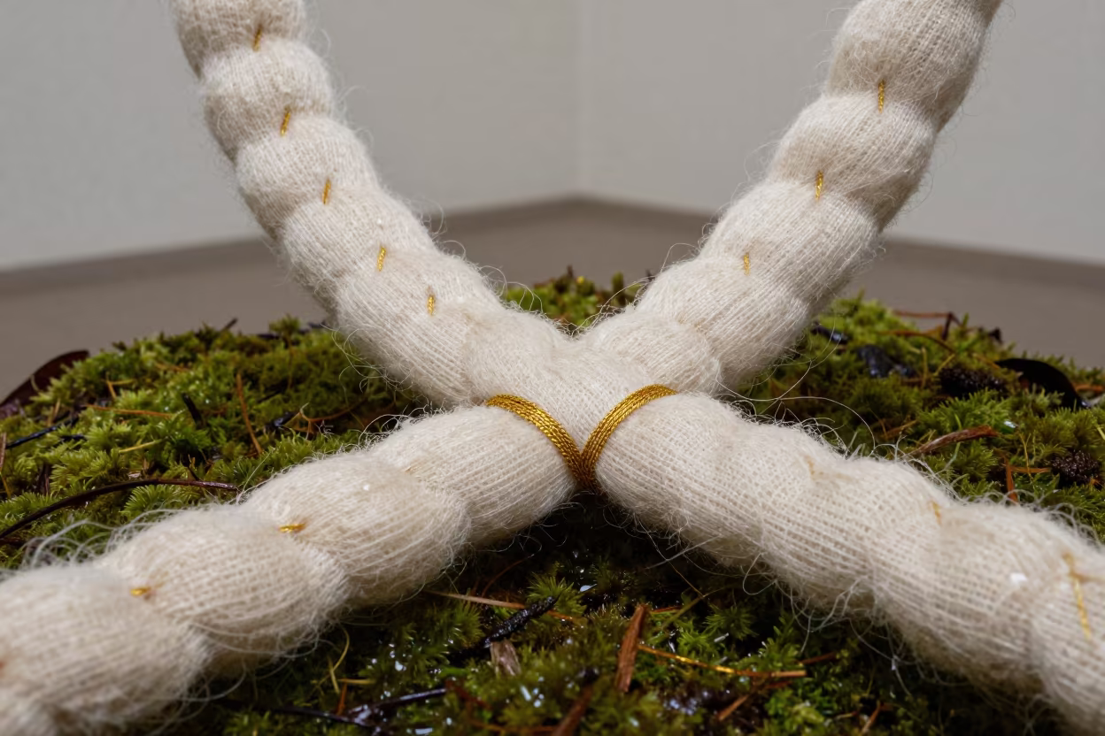 Giant Woven Linen and Gold Thread on Moss in on dew-soaked moss in Fortaleza