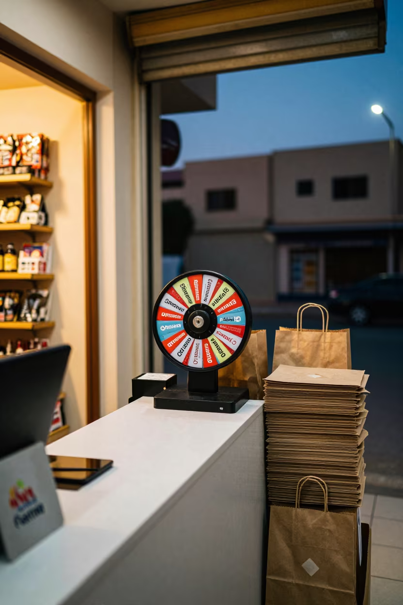 Gift Card Spinner at Cairo Cash Wrap Dusk in at a cash wrap counter with bags stacked nearby in Cairo