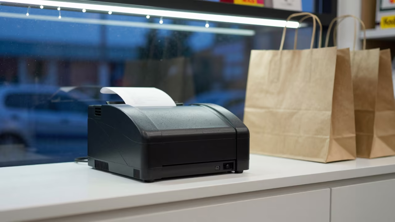 Gift Receipt Printer on Cash Wrap Counter in Cúcuta in at a cash wrap counter with bags stacked nearby in Cúcuta