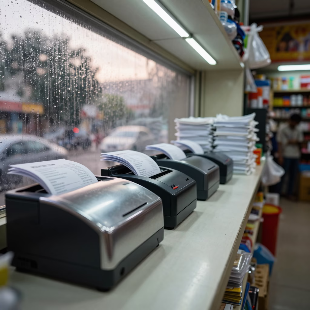 Gift Receipt Printer on Cash Wrap Counter in at a cash wrap counter with bags stacked nearby in Visakhapatnam
