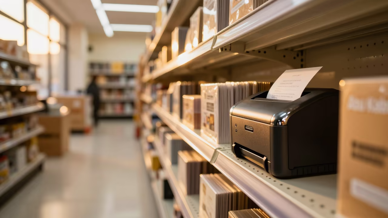 Gift Receipt Printer in Golden Hour Retail Aisle in inside a bright retail aisle near Abu Kabir
