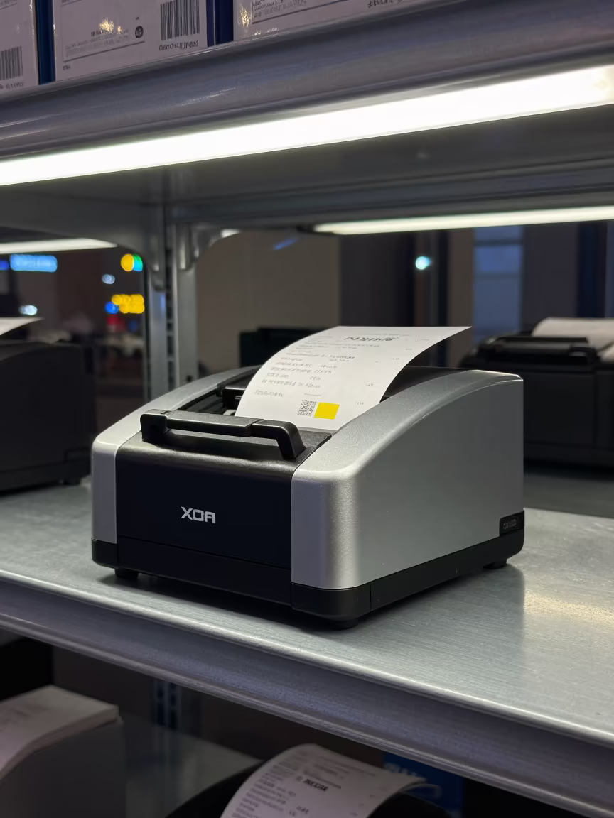 Gift Receipt Printer Shelf Neon Light in inside a stockroom behind the sales floor near Xian