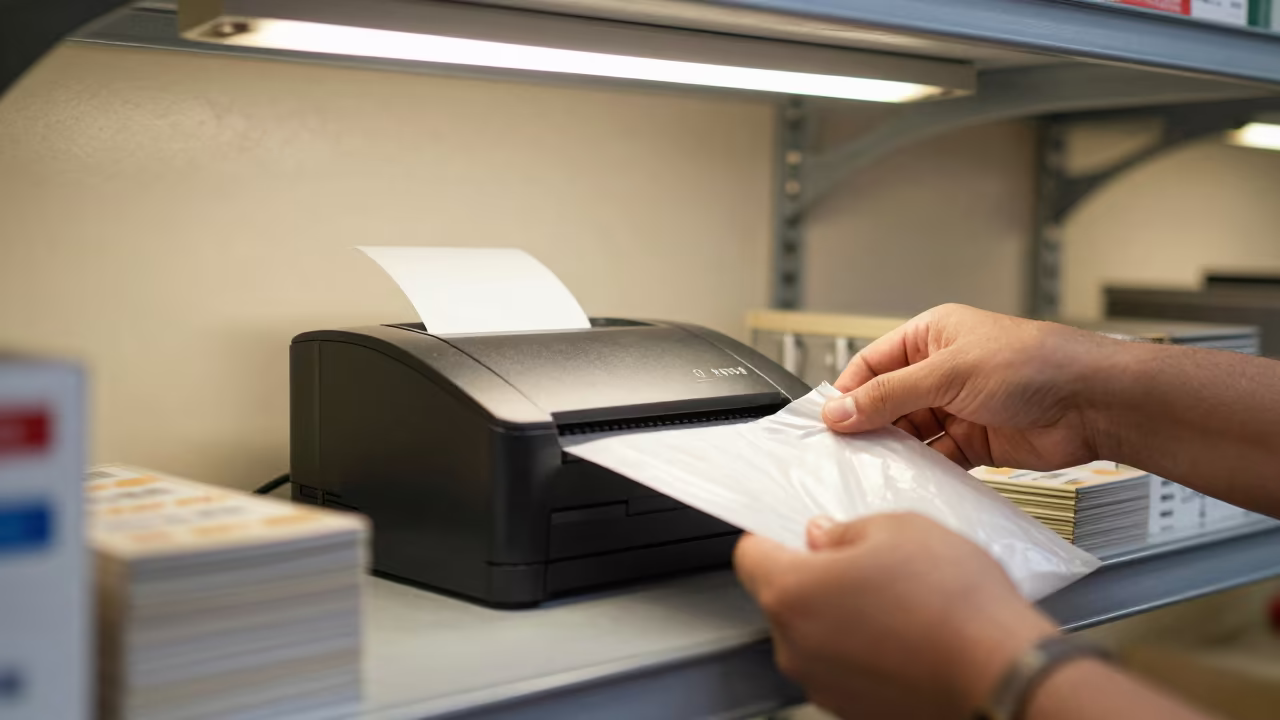 Gift Receipt Printer on Stockroom Shelf in inside a stockroom behind the sales floor in Mandi Bahauddin