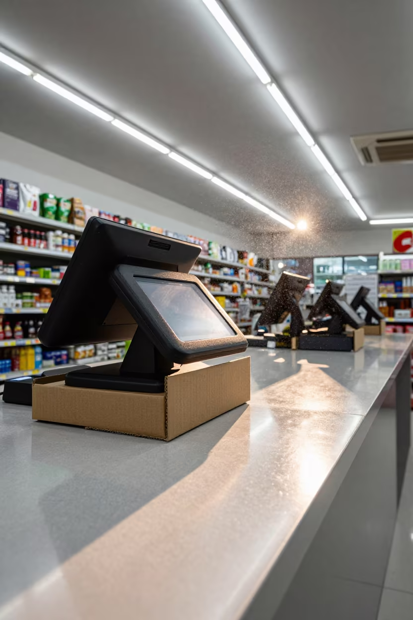 Gift Registry Scanner Dock Kuantan Retail in at a checkout lane under flat store light near Kuantan