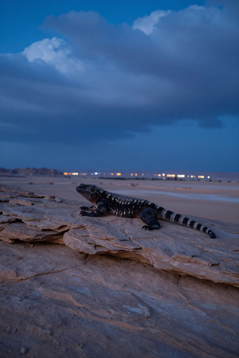 Gila Monster on Sandstone Ledge at Dusk in in Sinai