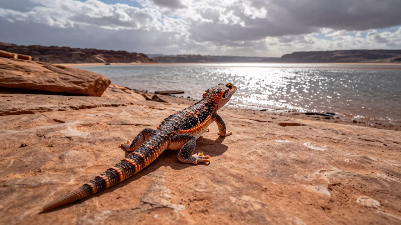 Gila Monster on Sandstone Ledge Near Jordan Water in beside a tidal inlet in Jordan