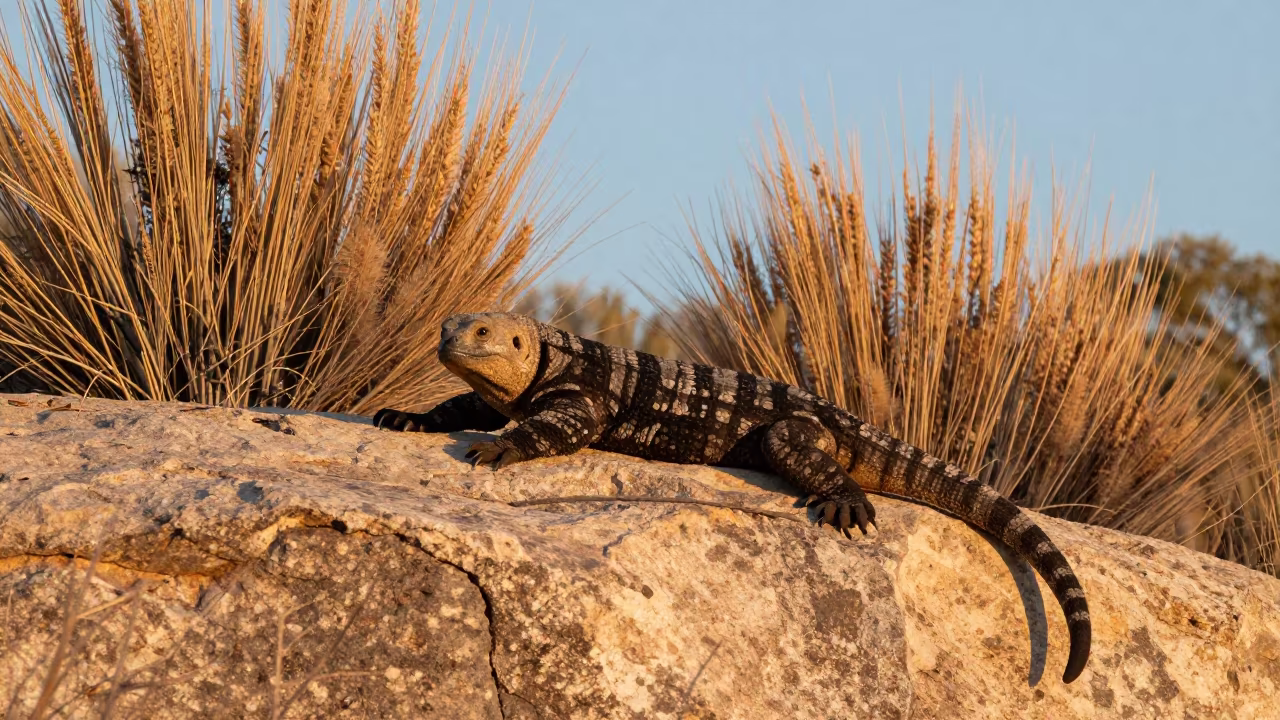 Gila Monster on Sandstone Ledge at Sunrise in at the edge of a reed bed near Riyadh