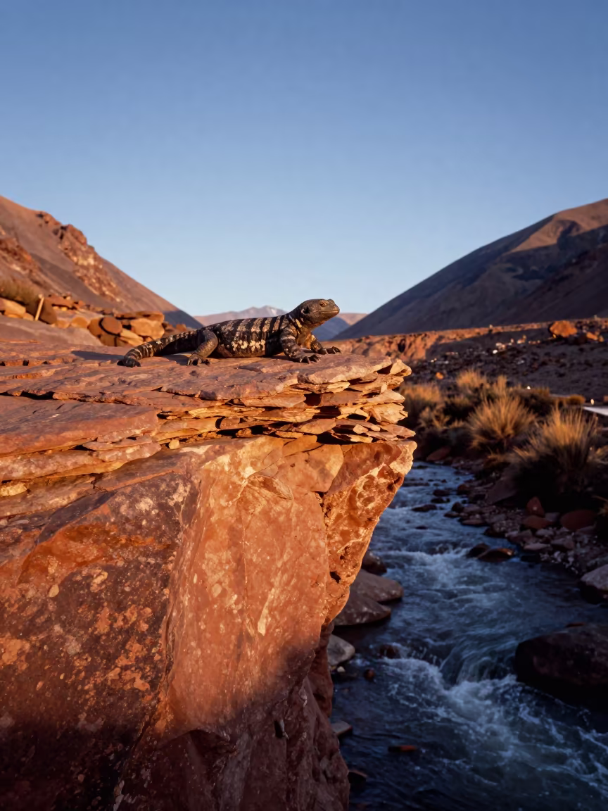 Gila Monster on Sandstone Ledge at Sunset in above a glacial stream in Peru
