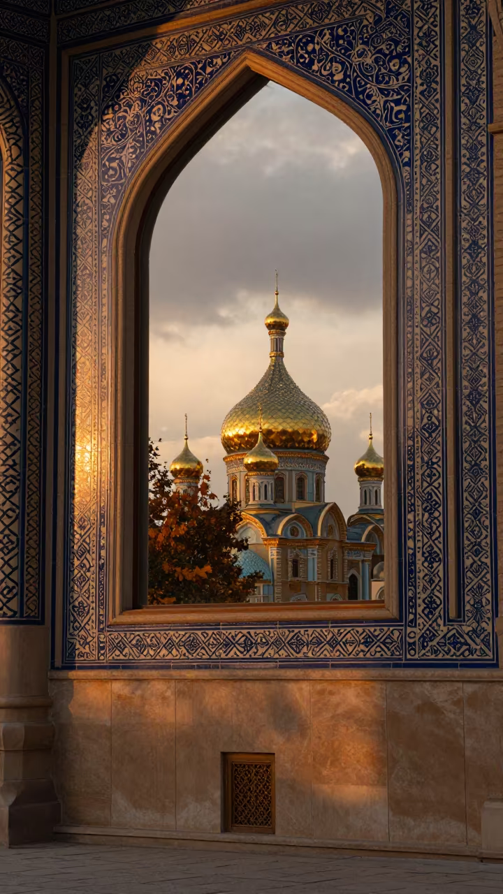 Gilded Dome Reflected in Mashhad Stair Hall in inside a tiled stair hall in Mashhad