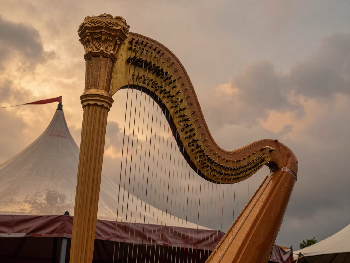 Gilded Harp Column in Monsoon Sunset Light in under a circus tent in Lombok