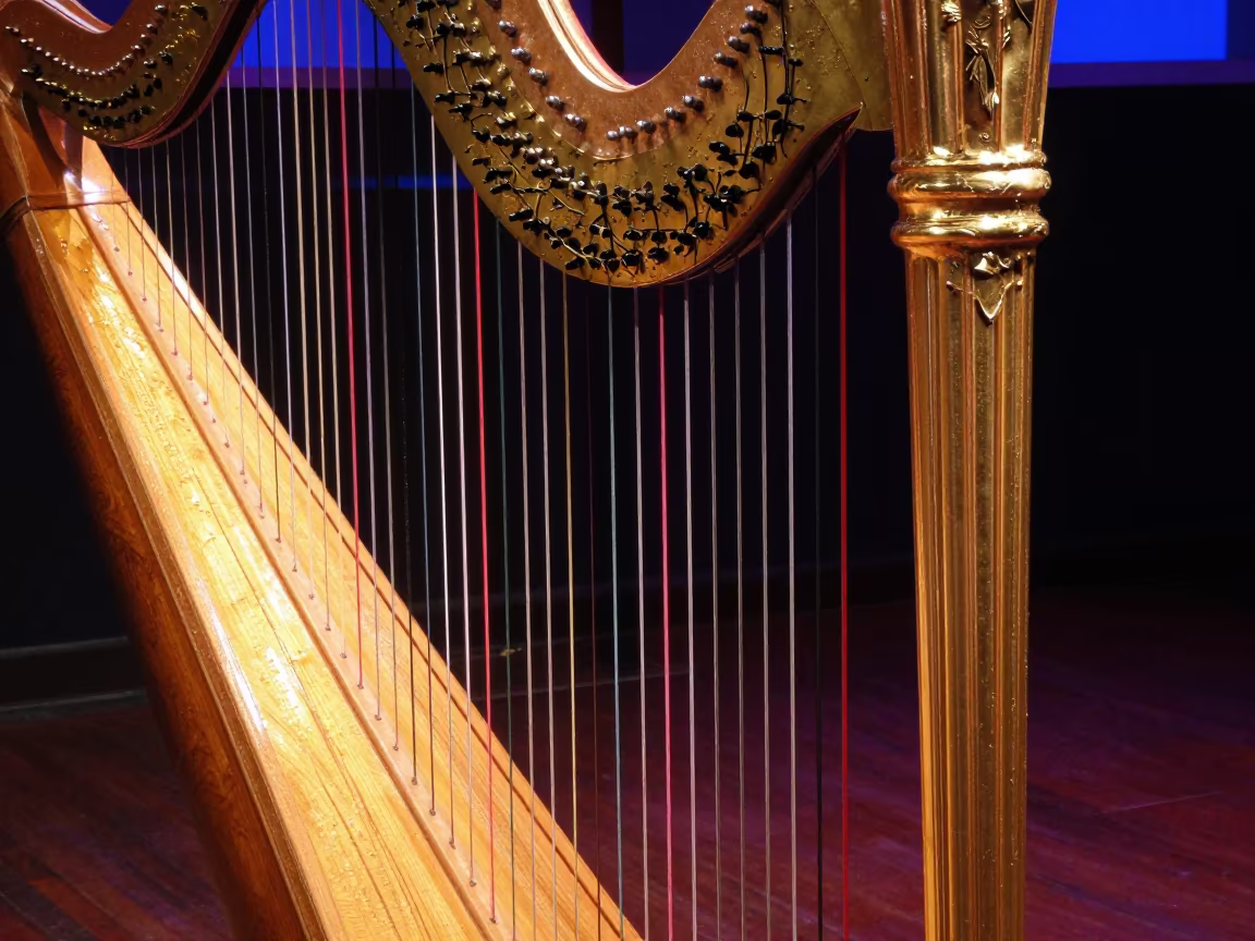 Gilded Harp Column in Predawn Neon Light in in a rehearsal room in Changsha