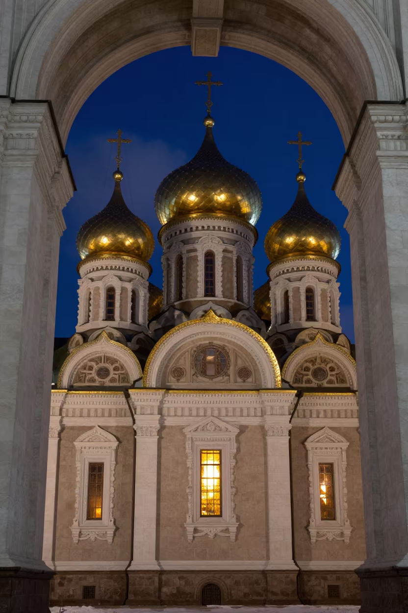 Gilded Onion Dome in Winter Night Atrium in inside a vaulted atrium in Mayarí