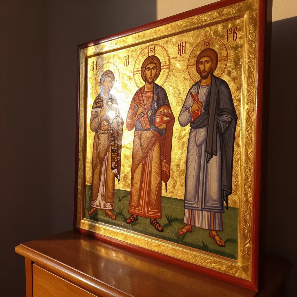 Gilt Saints on Iconostasis Sunset Pooling in on a bedside table near Santander