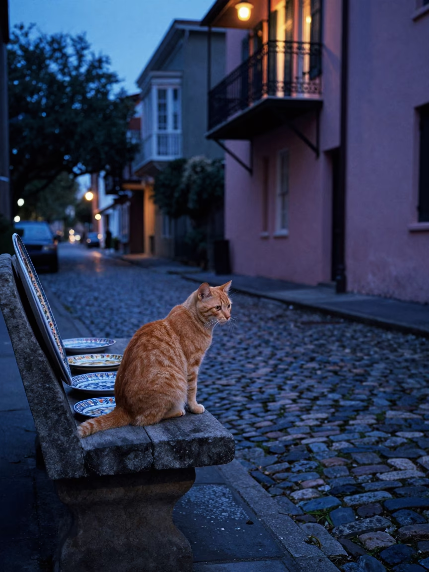 Ginger Cat in Charleston at Blue Hour in in Charleston, South Carolina, United States