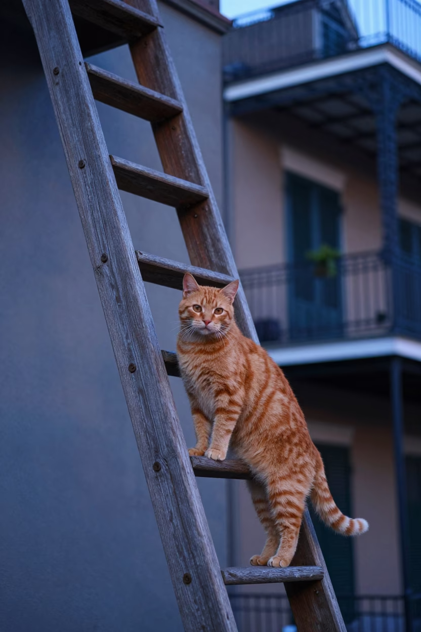 Ginger Cat Perched on Wooden Ladder in New Orleans French Quarter Before Sunrise in in New Orleans, Louisiana, United States