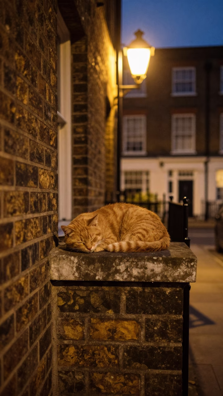 Ginger Cat Sleeping on Brick Wall Under Streetlamp in London After Dark in in London, United Kingdom