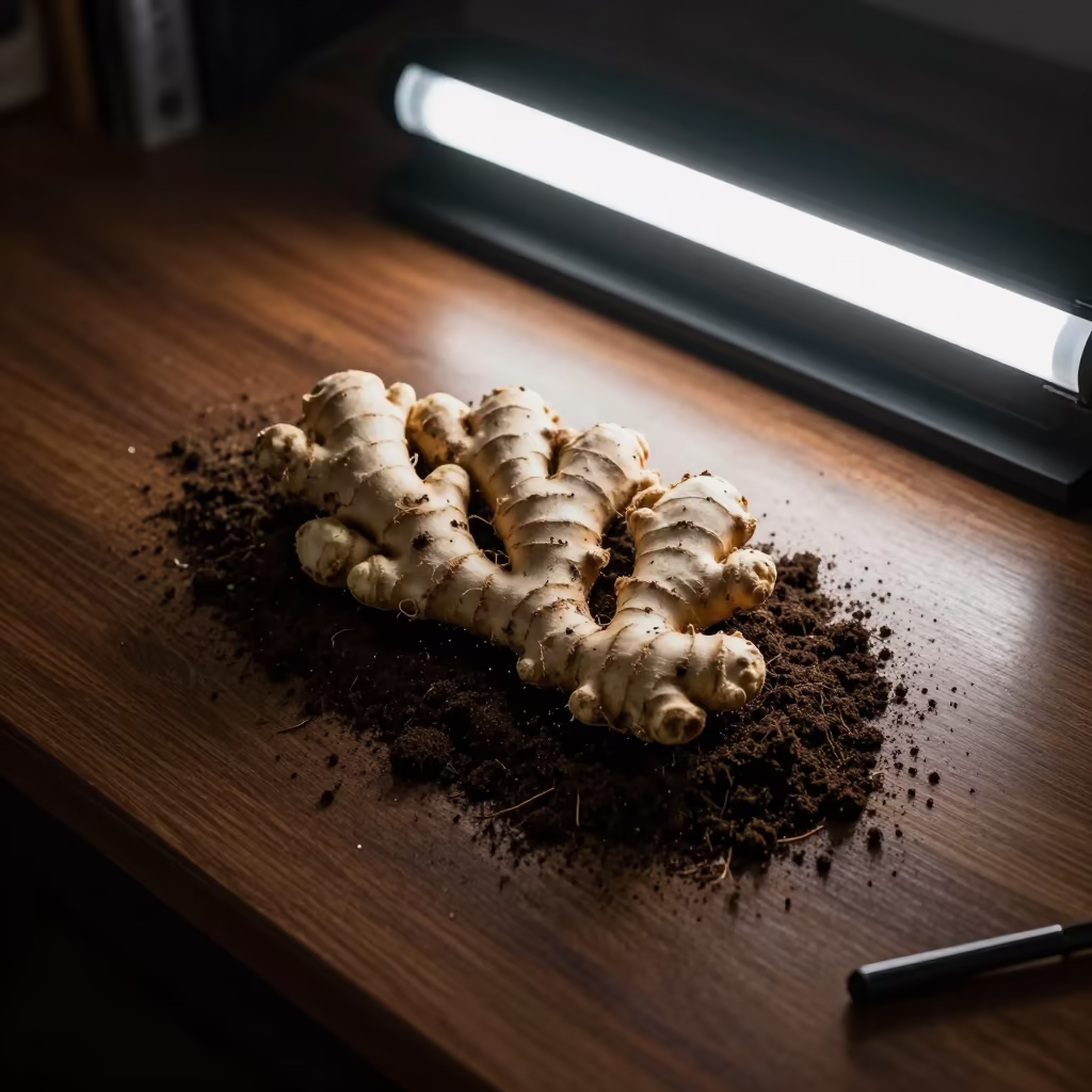 Ginger Root Cluster Dug From Soil in on a writing desk in Aguascalientes