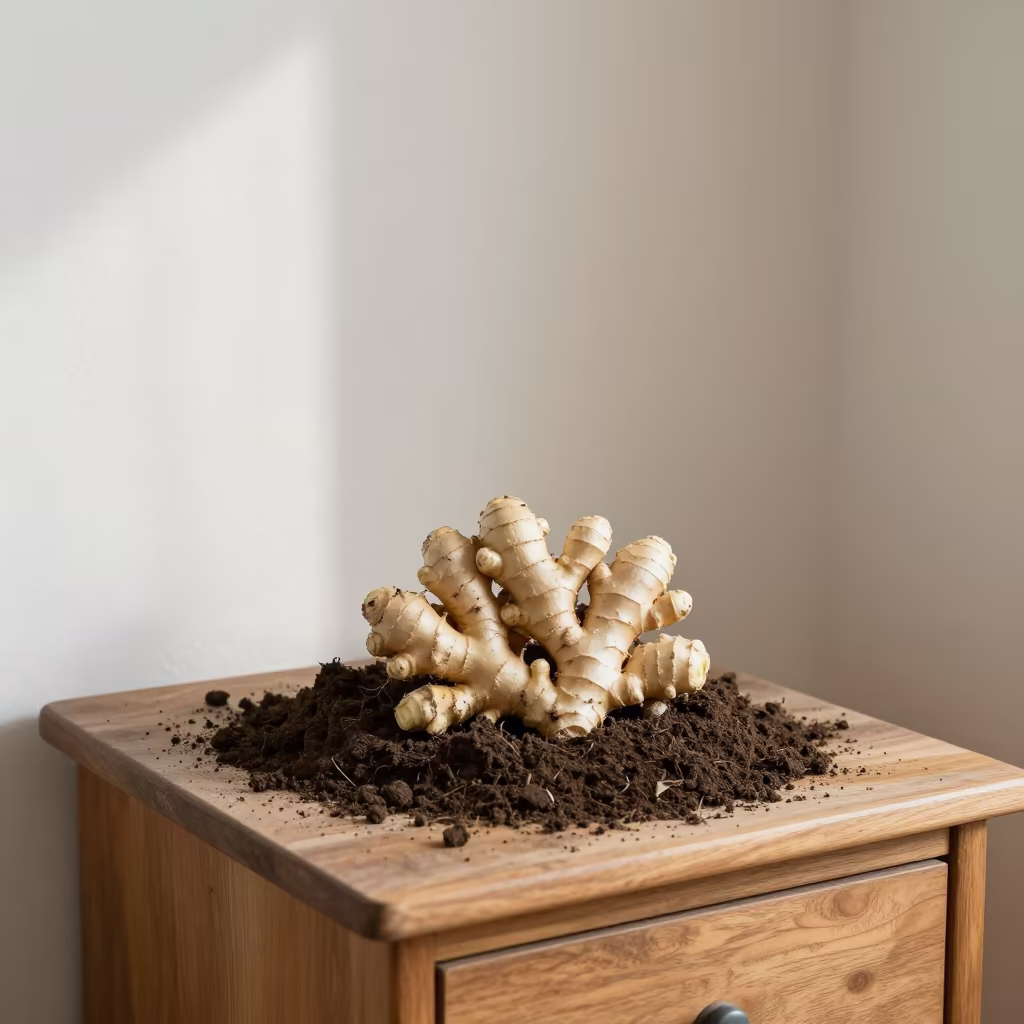 Ginger Root Cluster Dug From Soil on Table in on a bedside table in Ar Ramtha