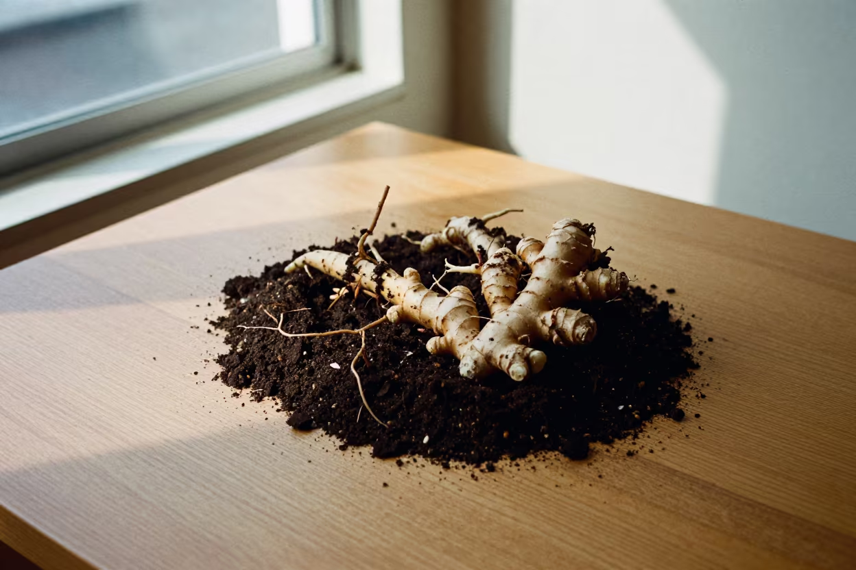 Ginger Roots Dug from Soil on Cafe Table in on a cafe table by a window near Tokyo