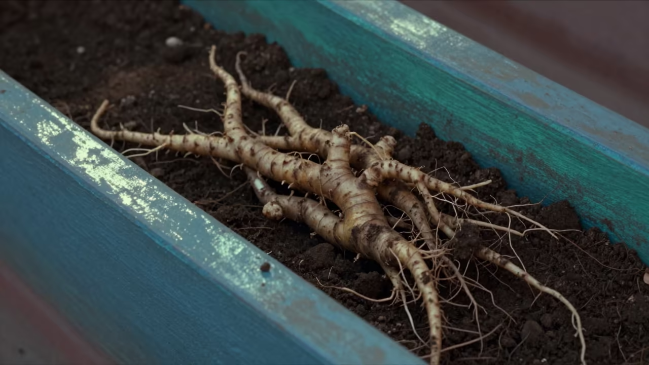 Ginger Roots on Ledge in Neon Light Lucknow in on a painted display ledge in Lucknow